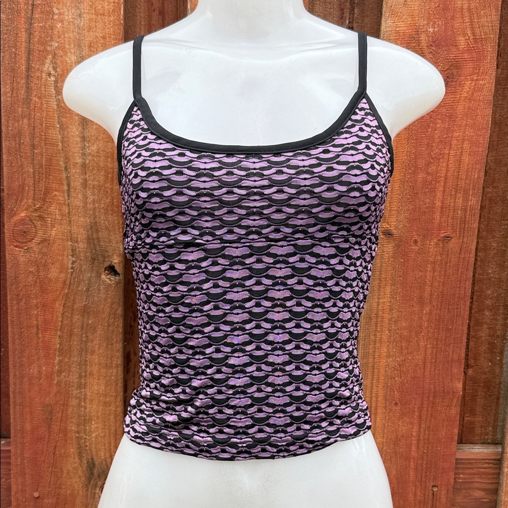 bebe Black and Purple Patterned Tank Top Size S Vintage